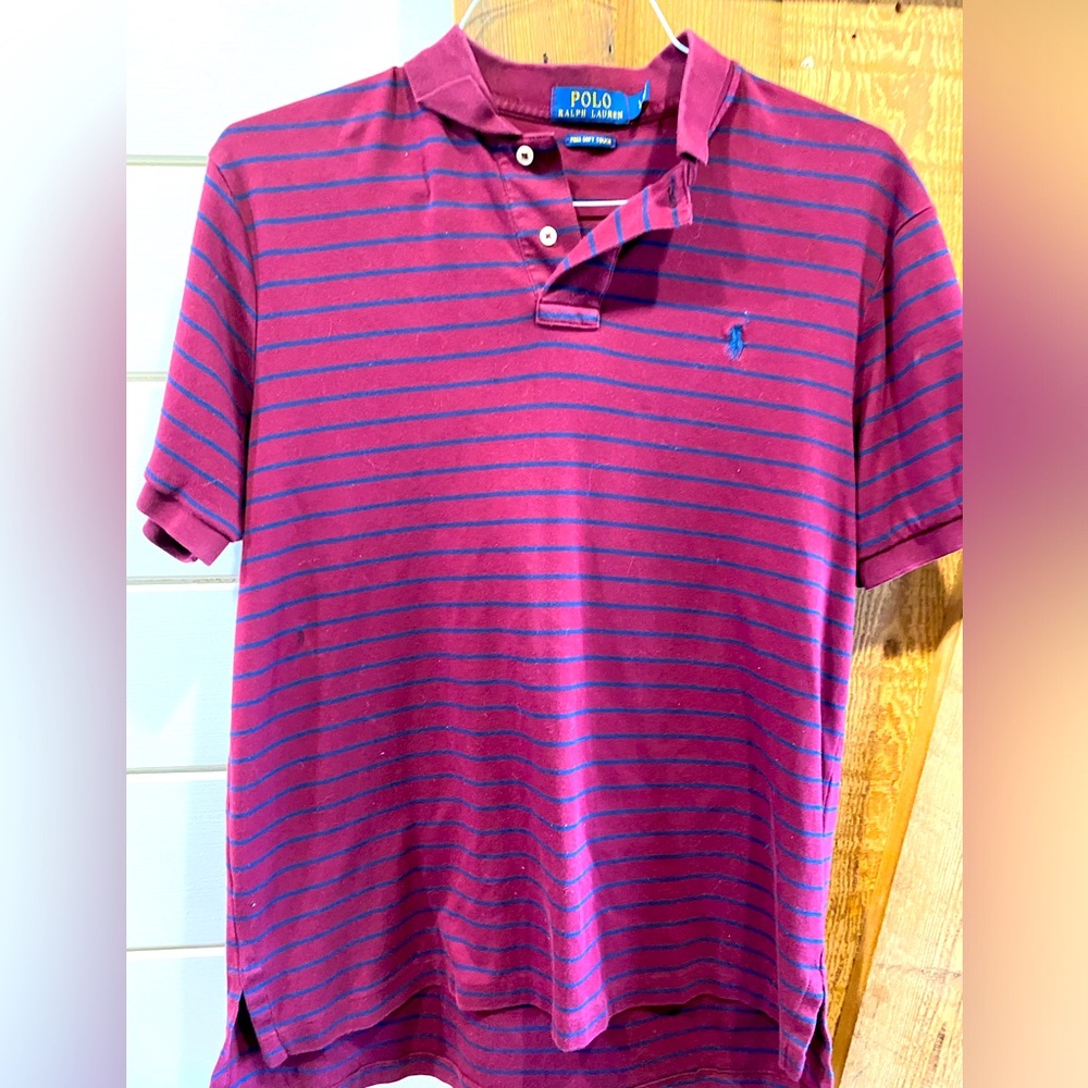 Ralph Lauren Mens Polo Pima Soft Touch Size Large Maroon with Navy Stripe